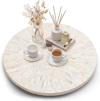 Large 16 Inch Mother of Pearl Lazy Susan for Table Top, Rotating Turntable Organizer Centerpiece Wood Round Spinning Tray for Countertop Kitchen Dining Housewarming Gift Cream Sunlight