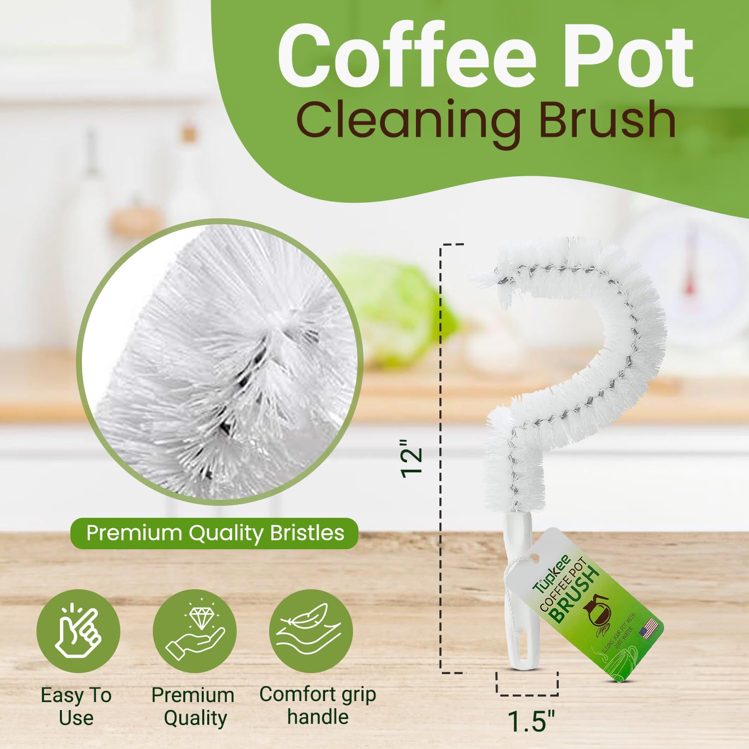 Cepillo de limpieza para cafetera, no raya, cerdas de larga duración, cepillo de limpieza curvado para decantador de café, ideal para oficinas y restaurantes