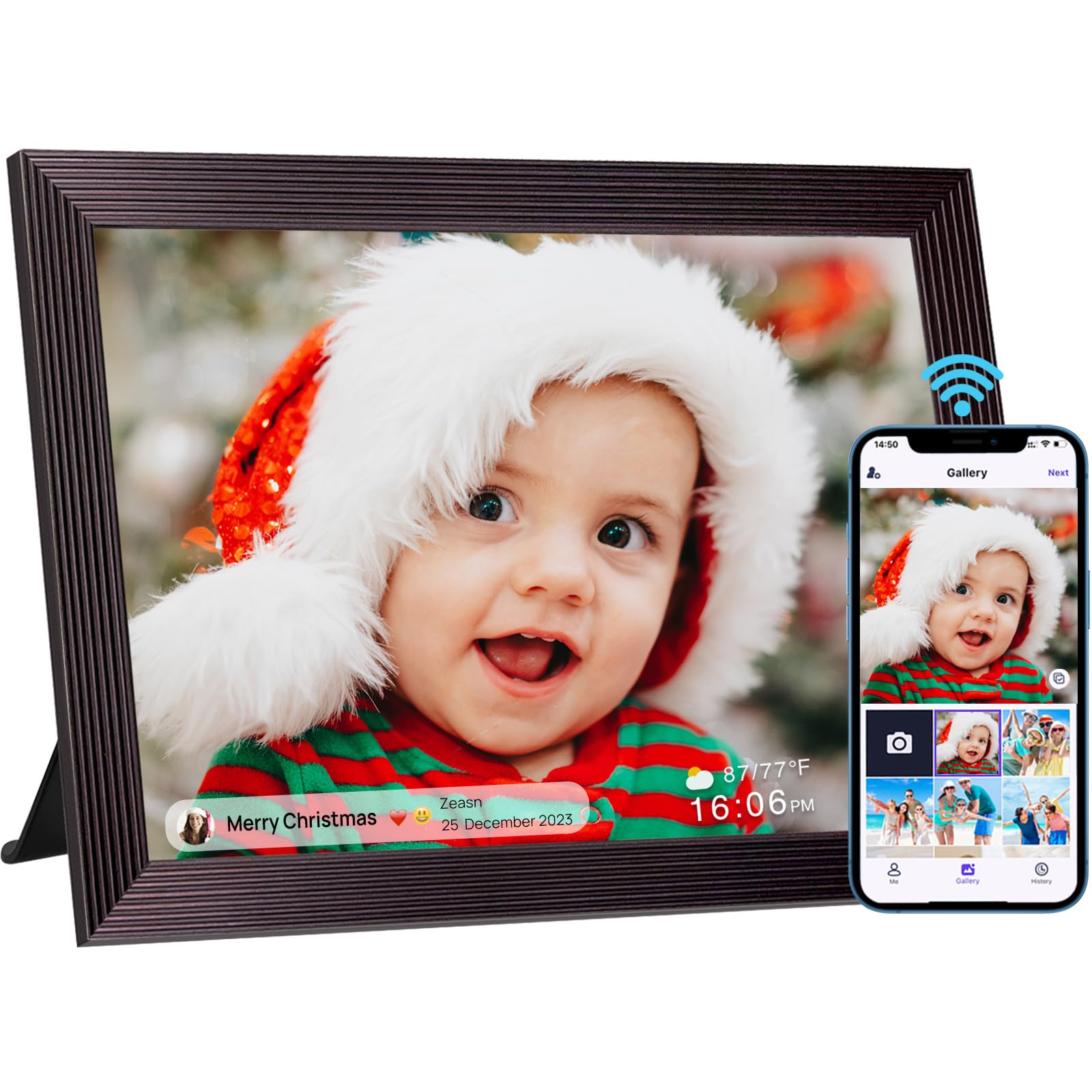 10.1 Inch WiFi Digital Picture Frame, IPS Touch Screen Share Pictures&amp;Videos Via App or Email, Built in 32GB Memory, Support Micro SD Card Extend Storage, Auto-Rotate, Motion Sensor
