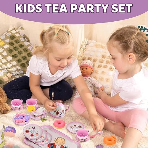 Miniatura 6 de Lajeje Juego de té de 52 piezas para niñas pequeñas, regalo para niñas de 3, 4, 5, 6 años, juego de fiesta de juguetes para niños, postres y estuche
