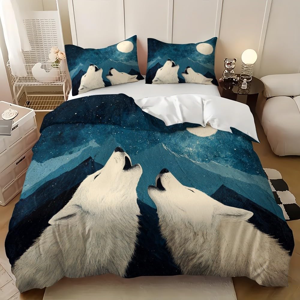 Housse de couette 200x200 loup des neiges et 2 taies d'oreiller bleu marine pour lit 2 personnes