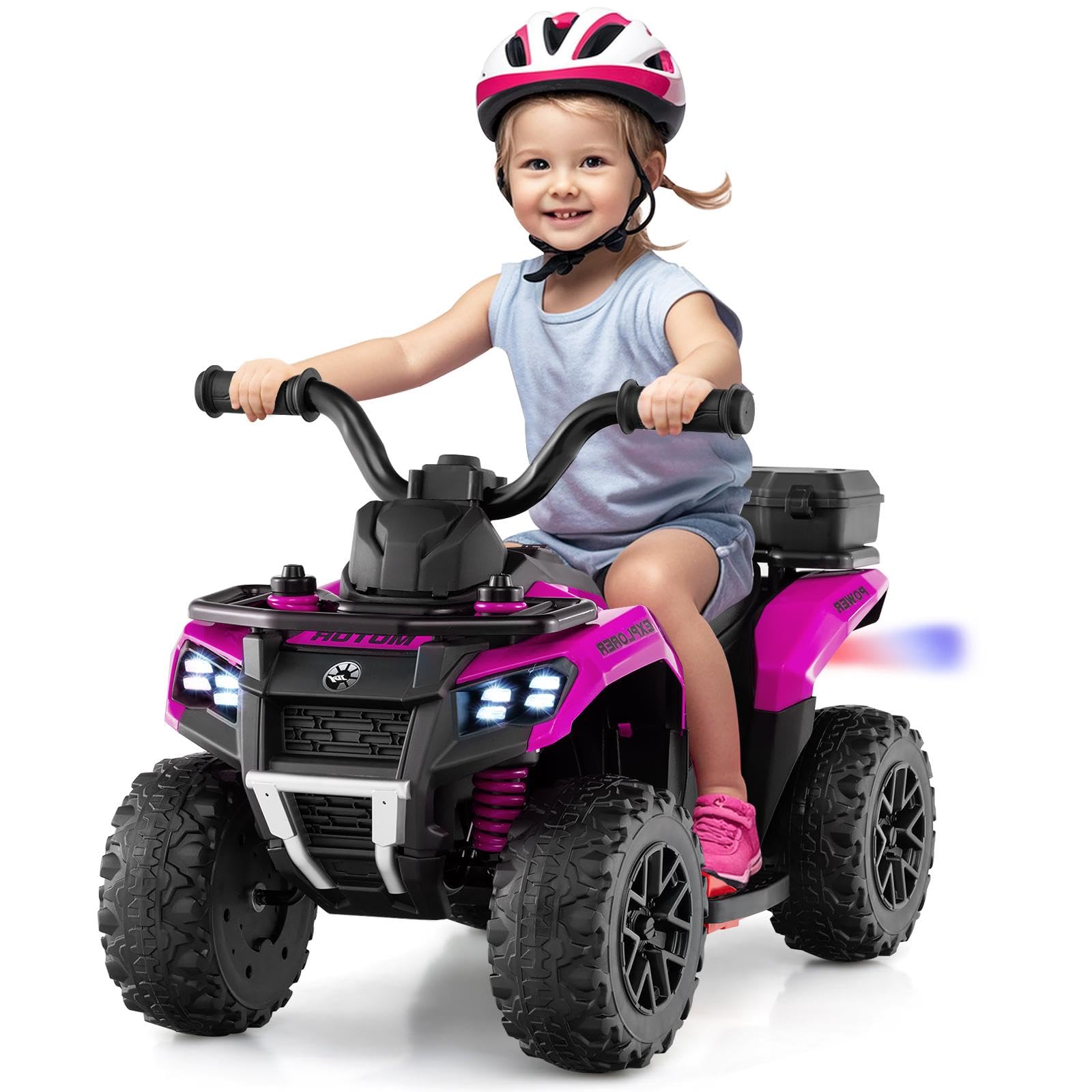 6V Kids Electric Ride on ATV, Battery Powered Quad Bike with Spray Function, Horn, Music, LED Lights, Storage Basket, Toddler Bench Vehicle Toy for Boys Girls 18+ Months (Pink)