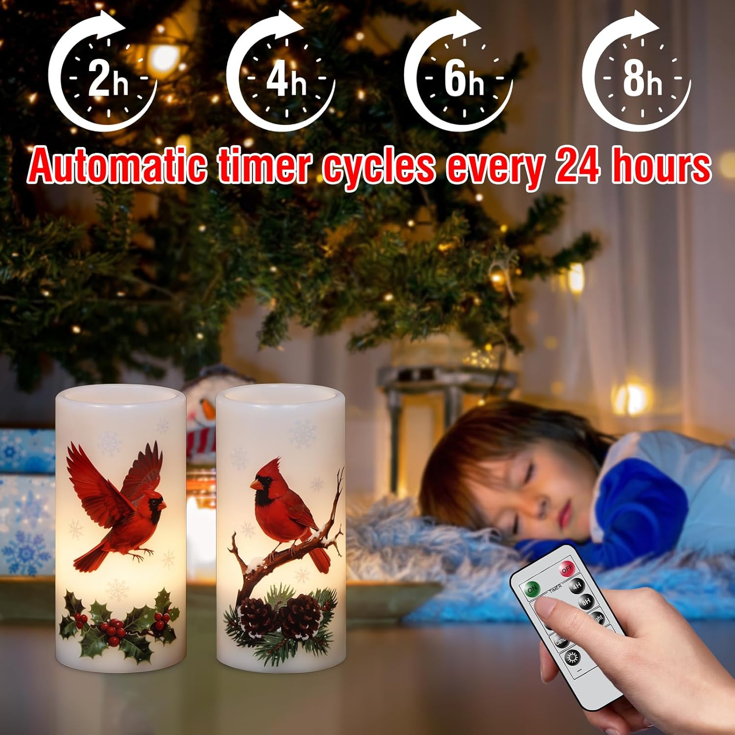 Christmas Cardinal Flameless Pillar Candles with Remote Timer, LED Candles in Real Wax Holder, Battery Operated Candle for Christmas Décor Indoor Xmas Gifts(2 Pack, 3” x 6”) - Image 6