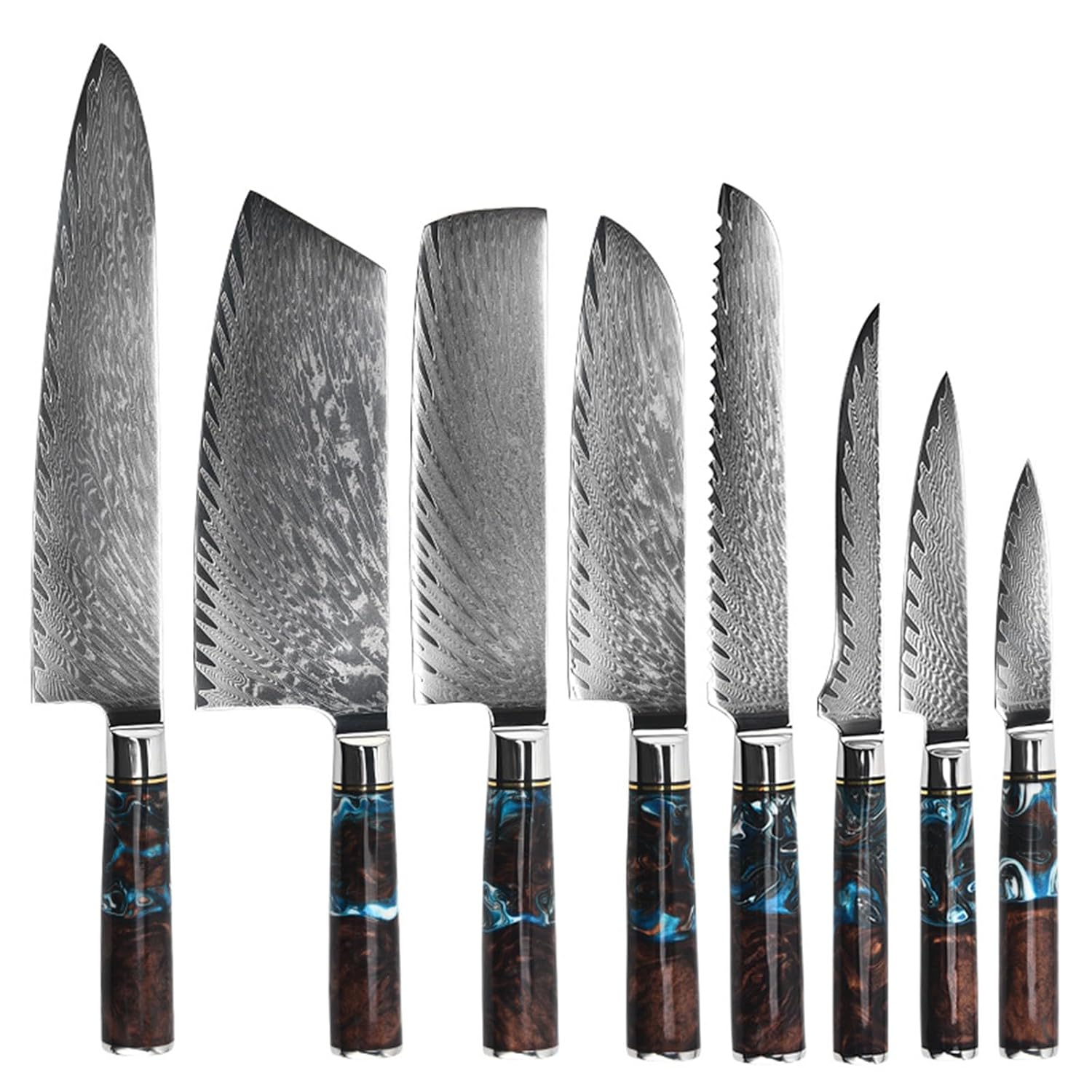 kitchen knife set with Burl Wood Resin Handles Black Resin Handle This 8-pcs Damascus chef knife set are