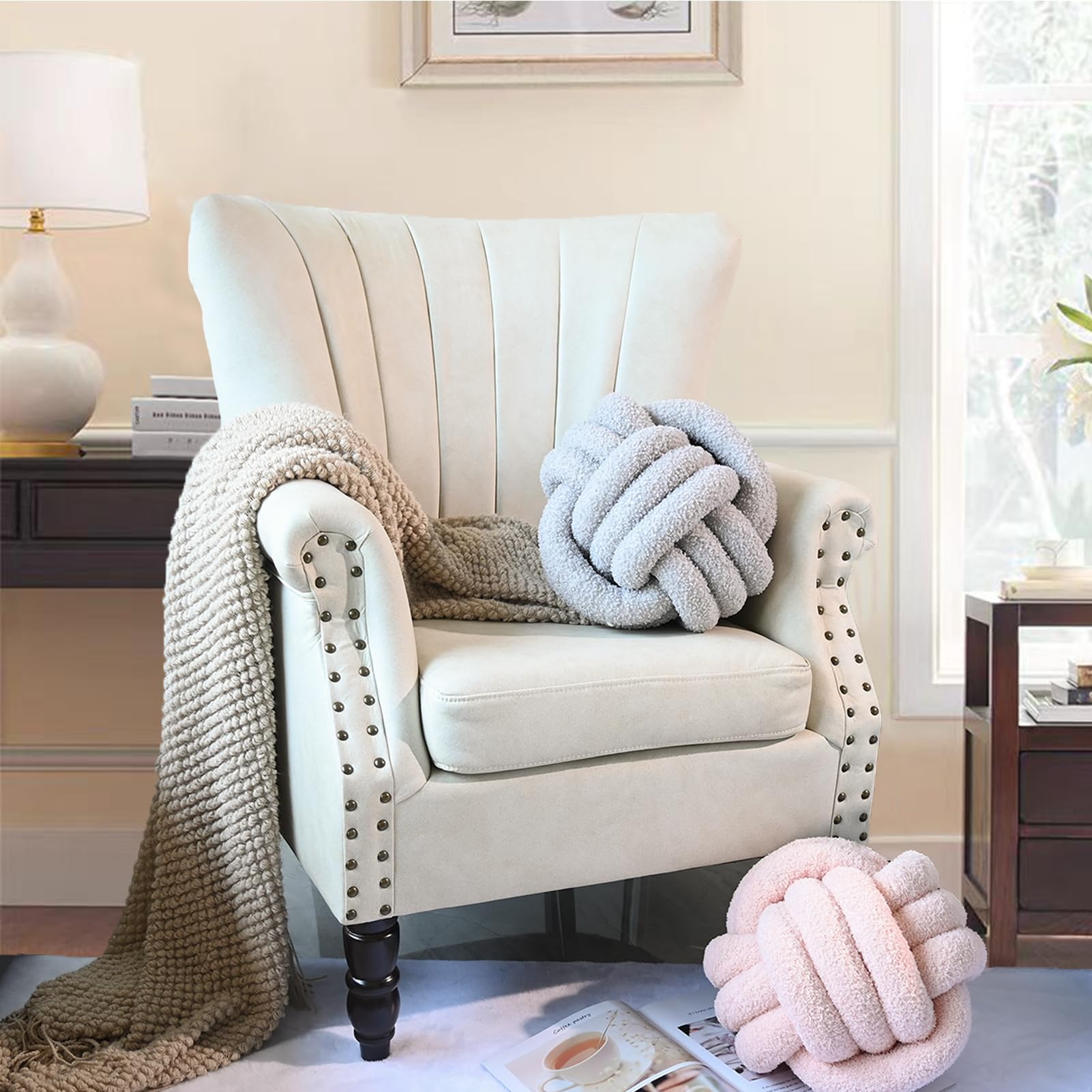 Cojín decorativo con nudo gris, cojín decorativo de terciopelo de peluche, cojín redondo para dormitorio infantil, regalo 22 cm