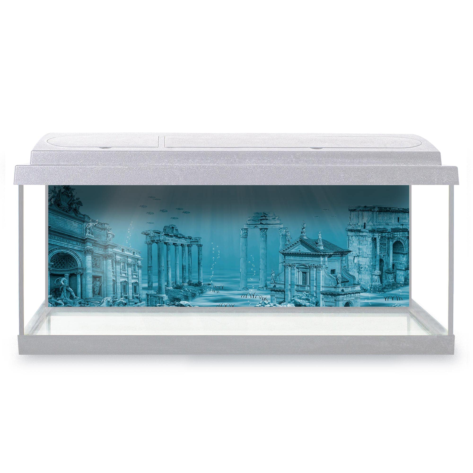 DV DESIGN Aquarium Fish Tank Background 92x32 cm - Ruins Atlantis Civilization Underwater Ruins Archeology Ocean Static Cling Vinyl Vivarium Terrarium External Application #500020
