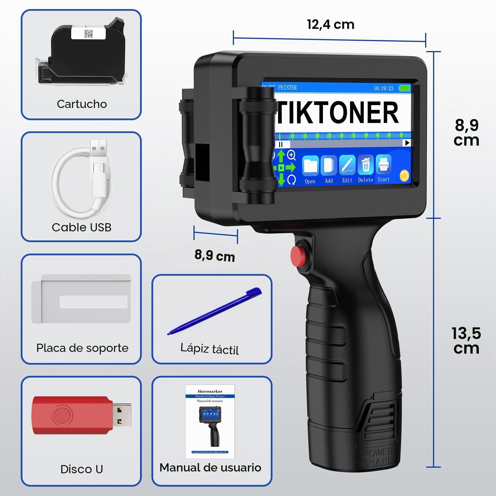 TIJ314 Impresora de Mano Portátil, Impresora Portátil de Inyección con 42ML Cartucho de Tinta de Secado Rápido con Pantalla Táctil de 4,3 Pulgadas para Texto QRCode/Código de barras/Número/Imagen