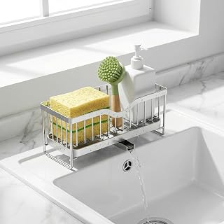 Kitchen Sink Caddy Organizer, Stainless Steel Sponge Holder with Auto Drain Tray for Countertop Storage SILVER