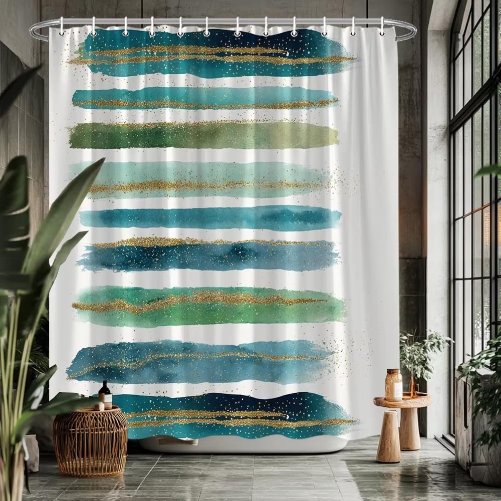 KELAIMI Teal Green and Gold Watercolor Striped Shower Curtain Shower Curtain,Modern Abstract Brushstroke Bathroom Curtain,Waterproof Simple Home Decorative Bathtub Curtain with Hooks Green 180X200Cm