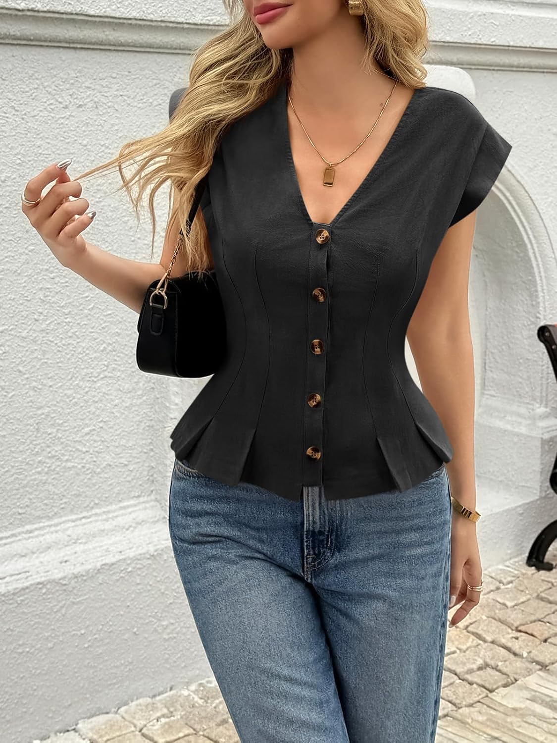 Cicy Bell Womens Deep V Neck Vest Tops Cap Sleeve Cropped Ruffle Shirts Button Up Cotton Fitted Blouse - Image 4