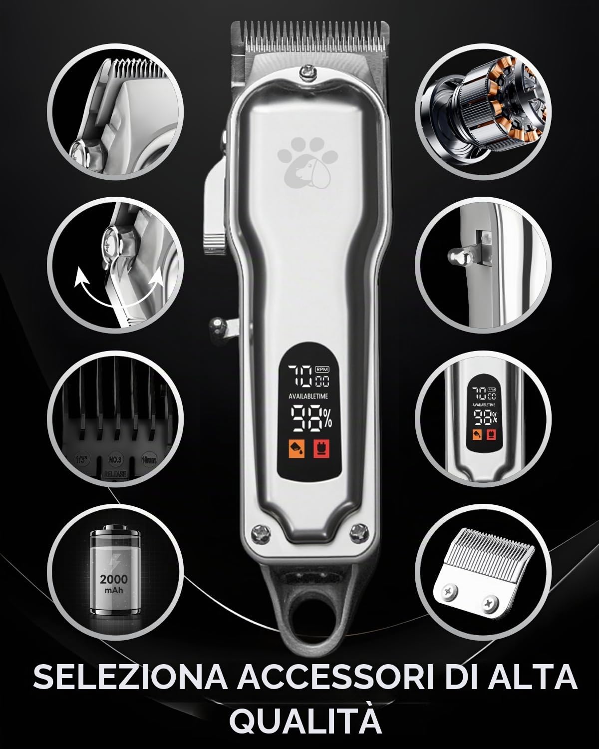 Tosatrice professionale per cani per capelli spessi, corpo interamente in metallo, lama in ceramica nera, display a LED, kit per toelettatura cani senza fili ricaricabile a basso rumore