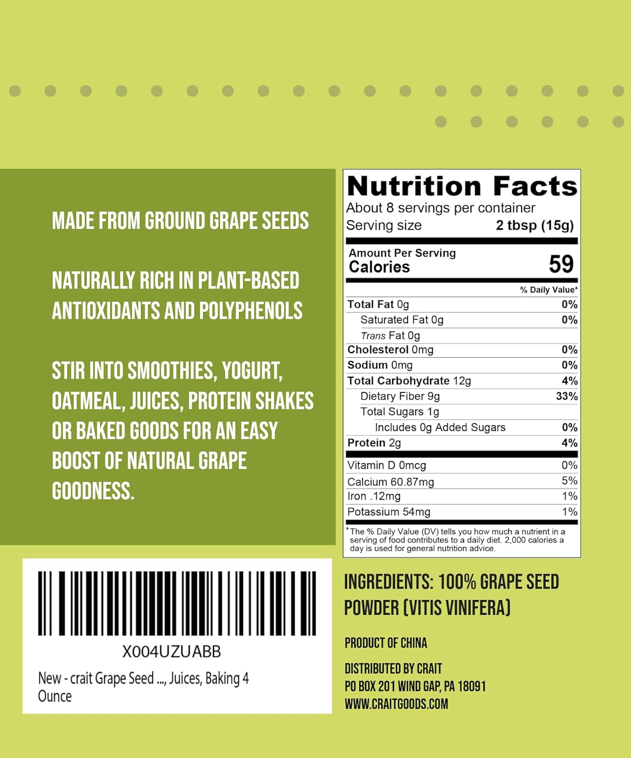 crait Grape Seed Powder for Smoothies, Juices, Baking, Polyphenol Powder, Great Source of Fiber 4 Ounce - Image 2