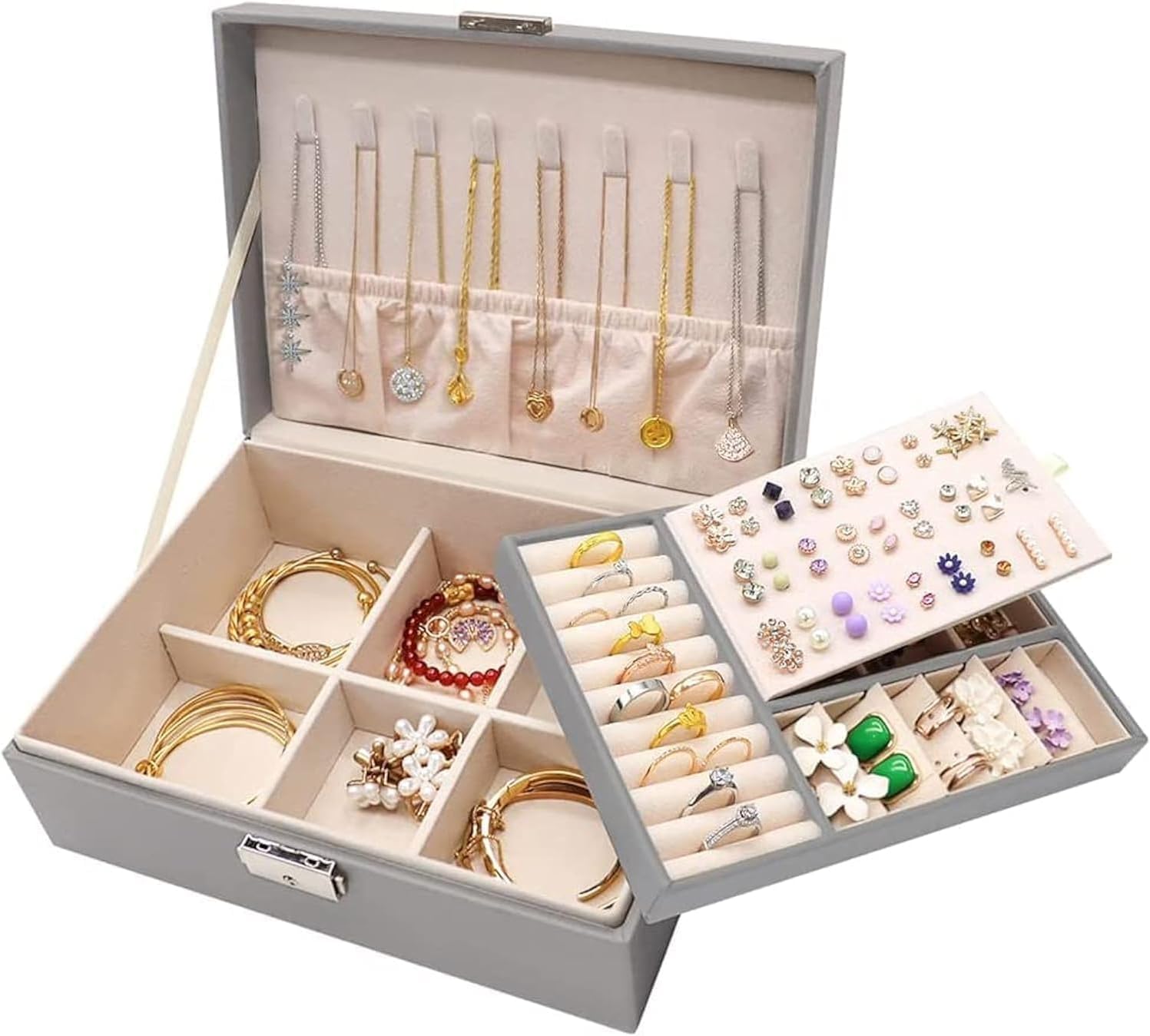 ANTOLE Jewelry Box for Women Girls,2 Layer Jewelry Organizer with Removable Tray Display, PU Leather Display Jewellery Holder for Earring, Ring, Bracelet, Necklace (Grey)
