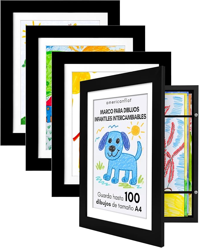 Americanflat Marco Dibujos Infantiles A4 en Negro - Cuadro de Almacenamiento para Niños para 100 Unidades, Proyectos de Arte y Fotos - Madera de Ingeniería con Vidrio Resistente - 4 Unidades