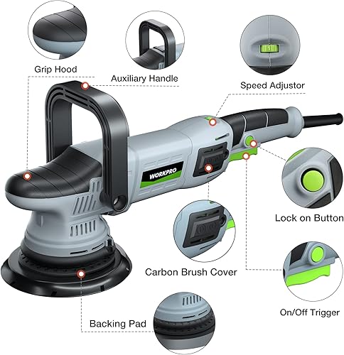 Miniatura 2 de WORKPRO Pulidora de búfer, kit de pulido orbital aleatorio de doble acción de 6 pulgadas de 1080 W para detalles de automóviles, pulidor DA de 6