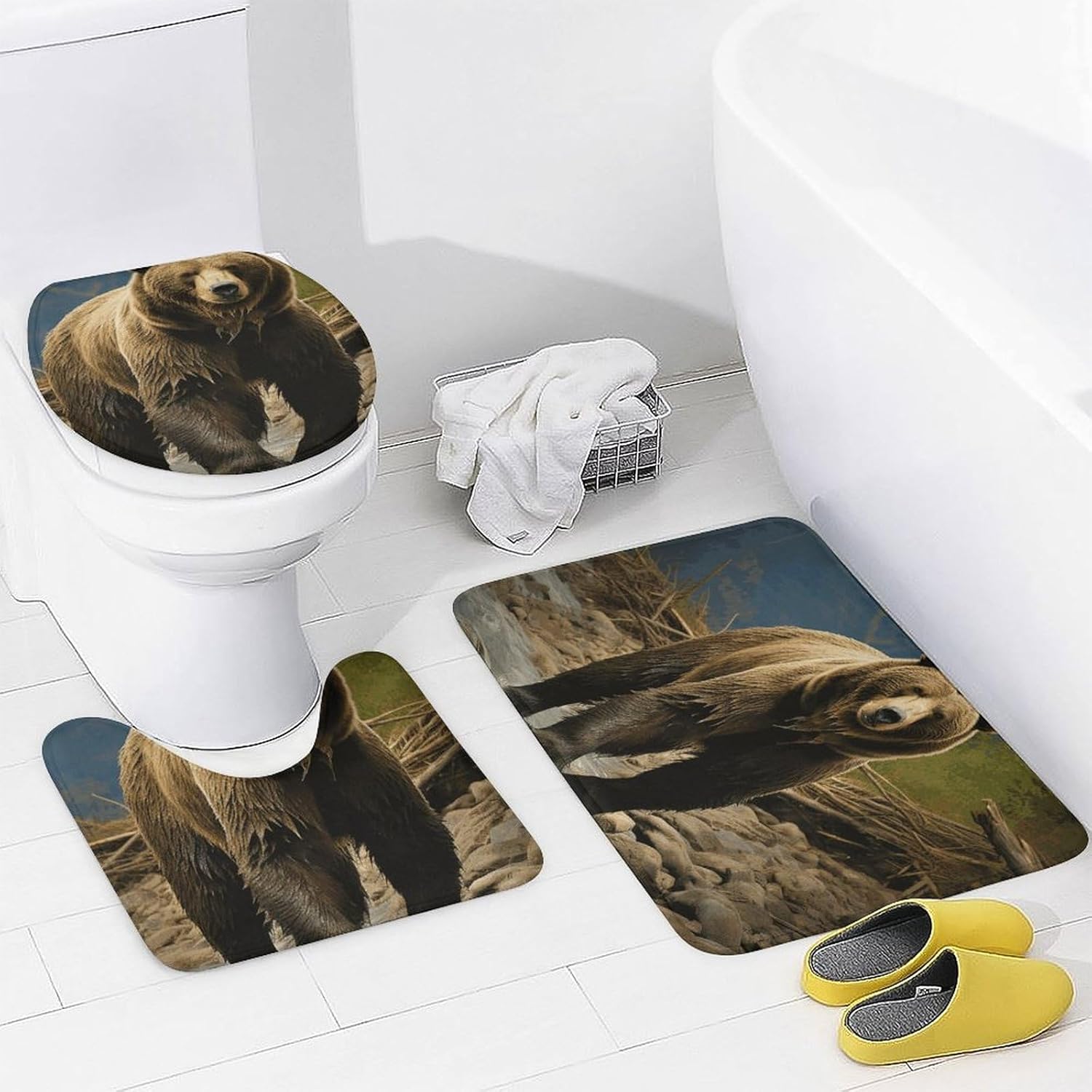 Brown Bear Shower Curtains Set 4 Piece with Non-Slip Rugs, Toilet Lid Cover and Bath Mat Soft Bathroom Carpet Waterproof Bathroom Curtain with 12 Hooks for Bathroom Decor