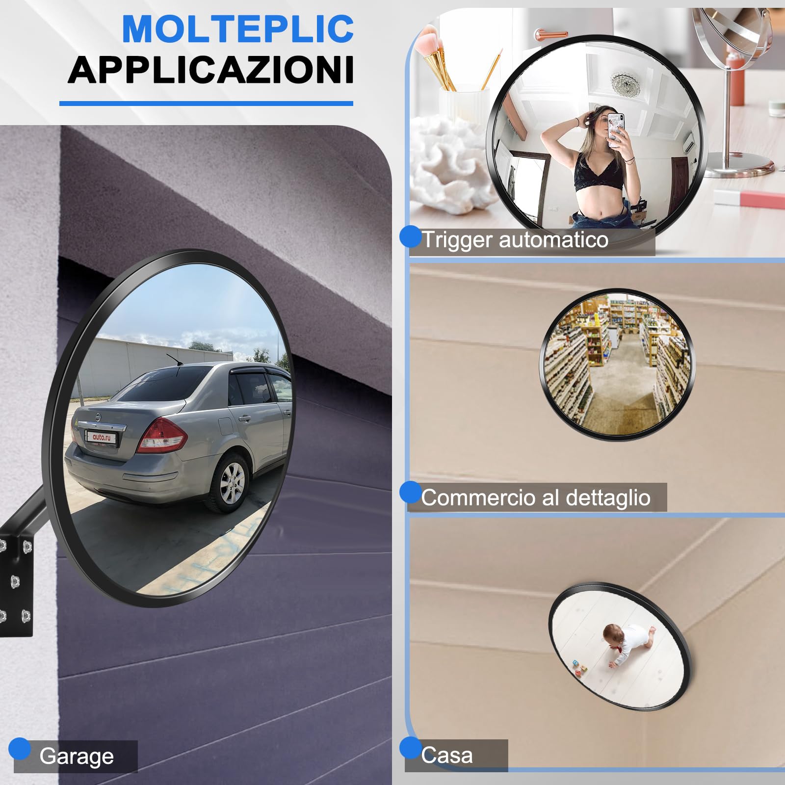 Moveland Specchietto Convesso Regolabile, 30 cm, Grandangolo, Rotondo, in Acrilico, Parabolico, per Garage, Traffico, Vialetti, Ufficio, Cortile, Magazzino (130 Gradi)