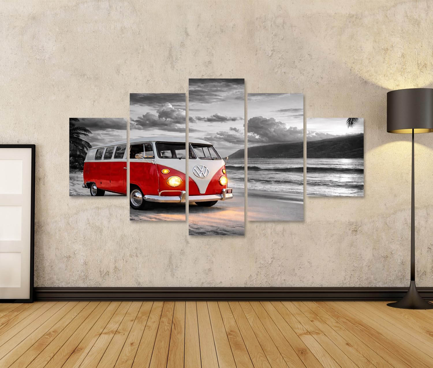 islandburner Cuadro sobre lienzo T1 autobús en la playa – mural nostálgico para los amantes de las vacaciones – Lienzo 170 x 80 cm – 5 piezas