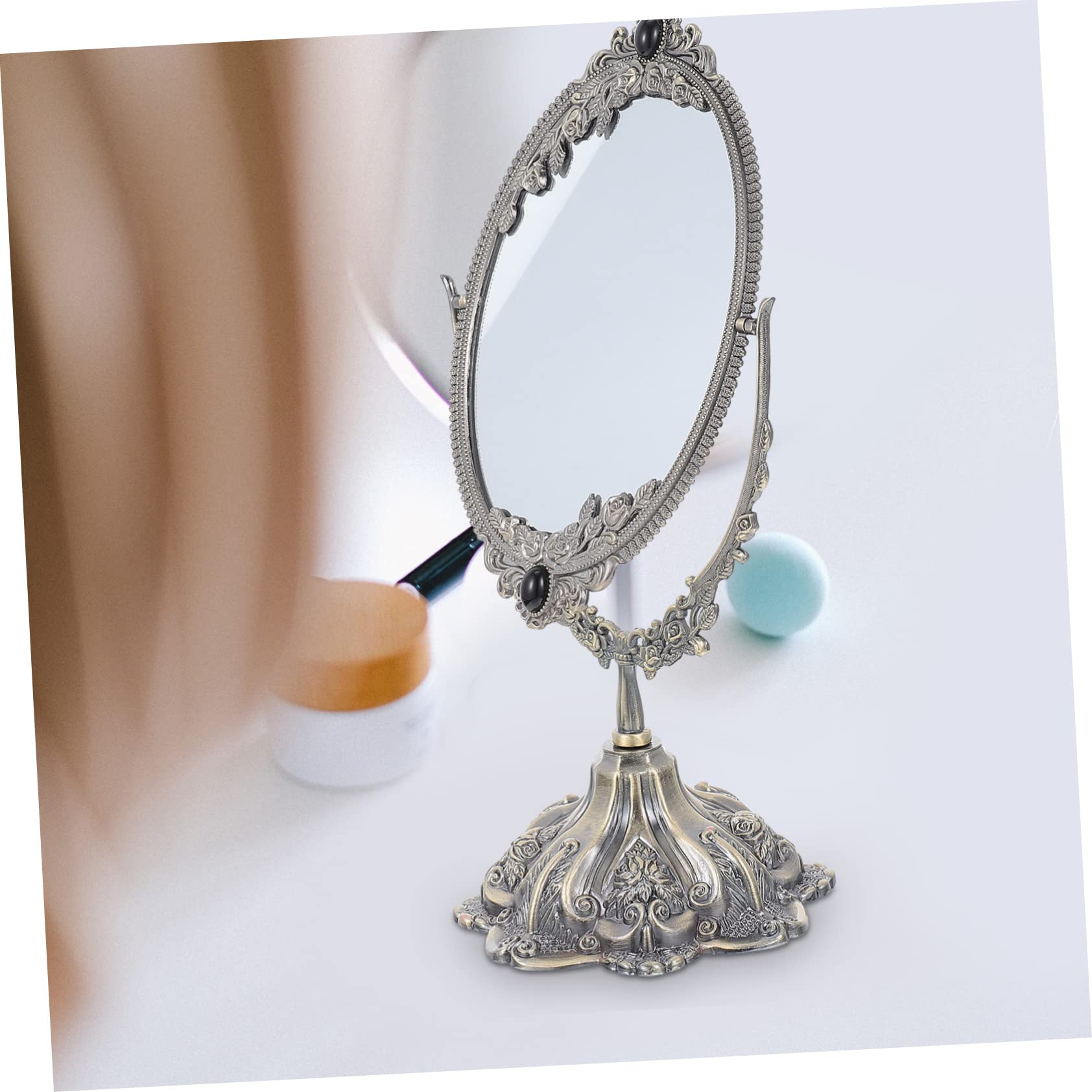 Beavorty Vintage Tischspiegel aus Zinklegierung, Doppelseitig Drehbar | Schminktischspiegel für Makeup und Hochzeit, Flacher Standfuß, Europäischer Stil, Hohe Definition