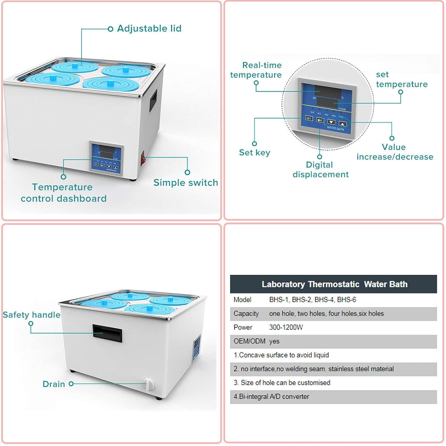 Lab Water Bath, Digital Thermostat Water Bath,4 Hole Electric Heating Thermostatic Water Bath Lab Equipment, RT to 100°C, Timing Function, 800W