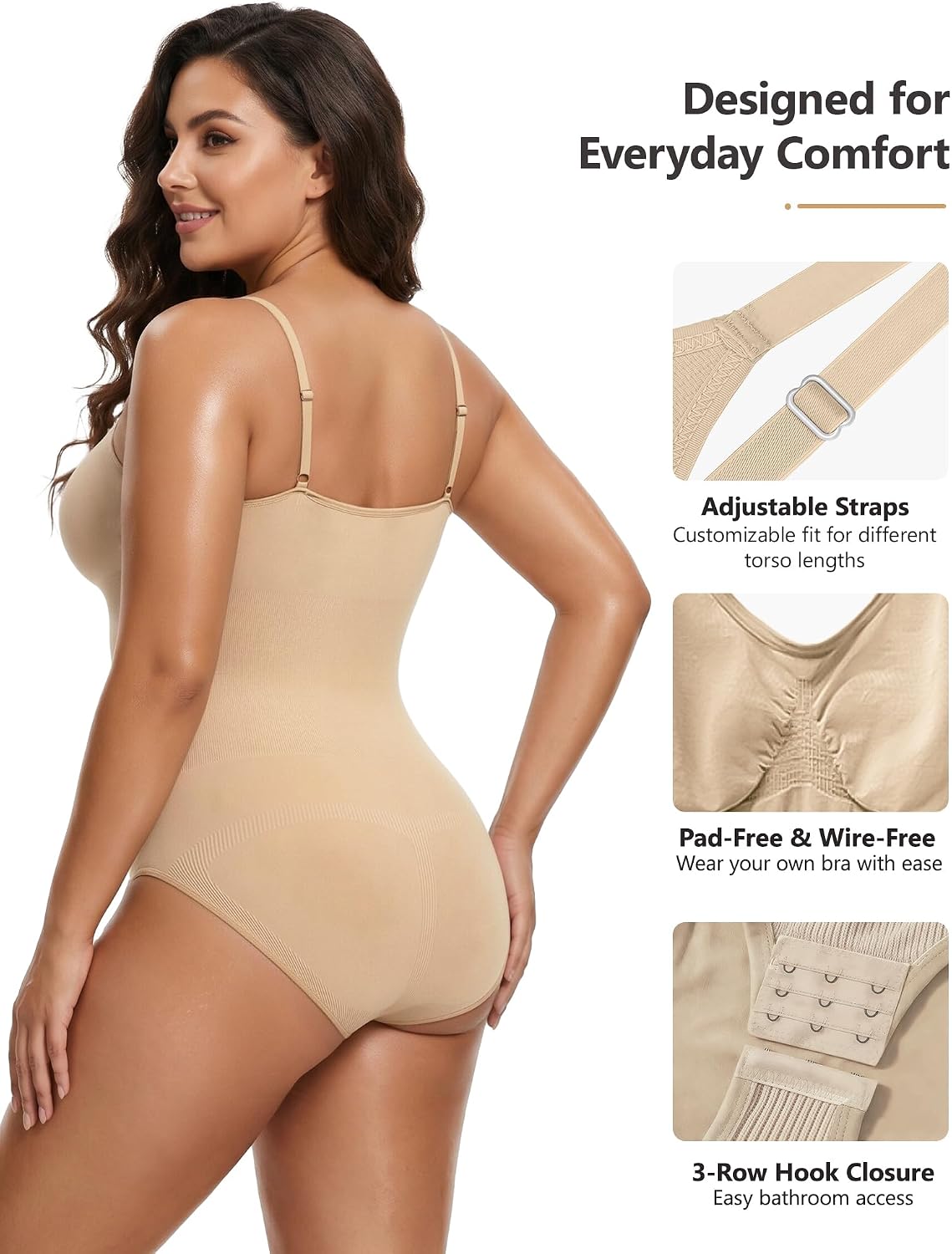 Shapewear Bodysuit for Women, Tummy Control Body Shaper, Seamless High Stretch Fabric, Invisible Under Clothes