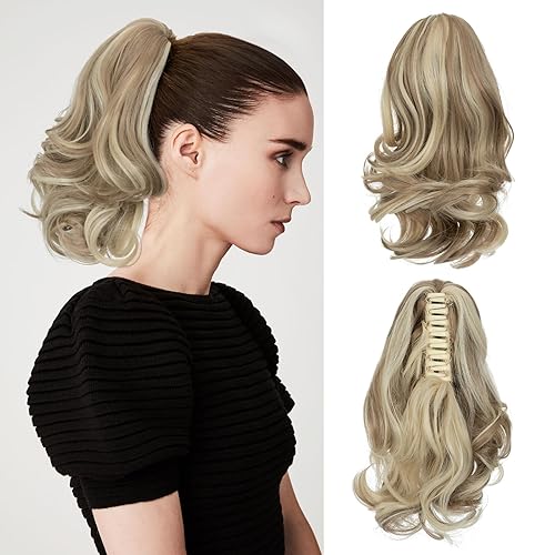 Miniatura 7 de Extensión de cola de caballo con clip de garra, extensiones de cola de caballo para mujer, 12 pulgadas, esponjosas, onduladas, rubias doradas,