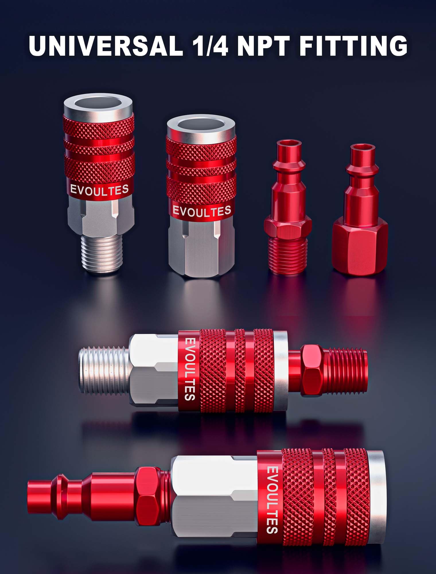 EVOULTES 16 piezas de accesorios universales de manguera de aire NPT de 1/4 pulgadas y kit de acoplador de aire, kit de accesorios de aire de aluminio ligero con enchufe de aire de conexión rápida,