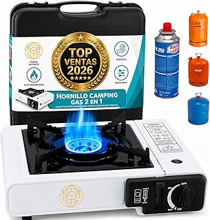 Campin Gas, 2 en 1, Hornillo Camping Gas Portátil, Adaptador para Bombona Grande o para Cartuchos, Ideal para Camping Emergecias, Maletín incluido, NO TRAE MANGUERA DE GAS.