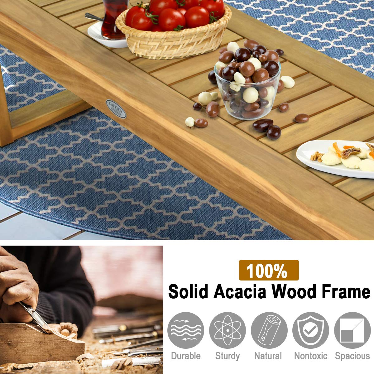 Tangkula 52" Acacia Wood Outdoor Bench, Wood Patio Dining Bench with Slatted Seat, Wooden Backless Garden Bench for Outdoors & Indoors, Outside Bench for Entryway, Deck, Poolside, Yard & Porch