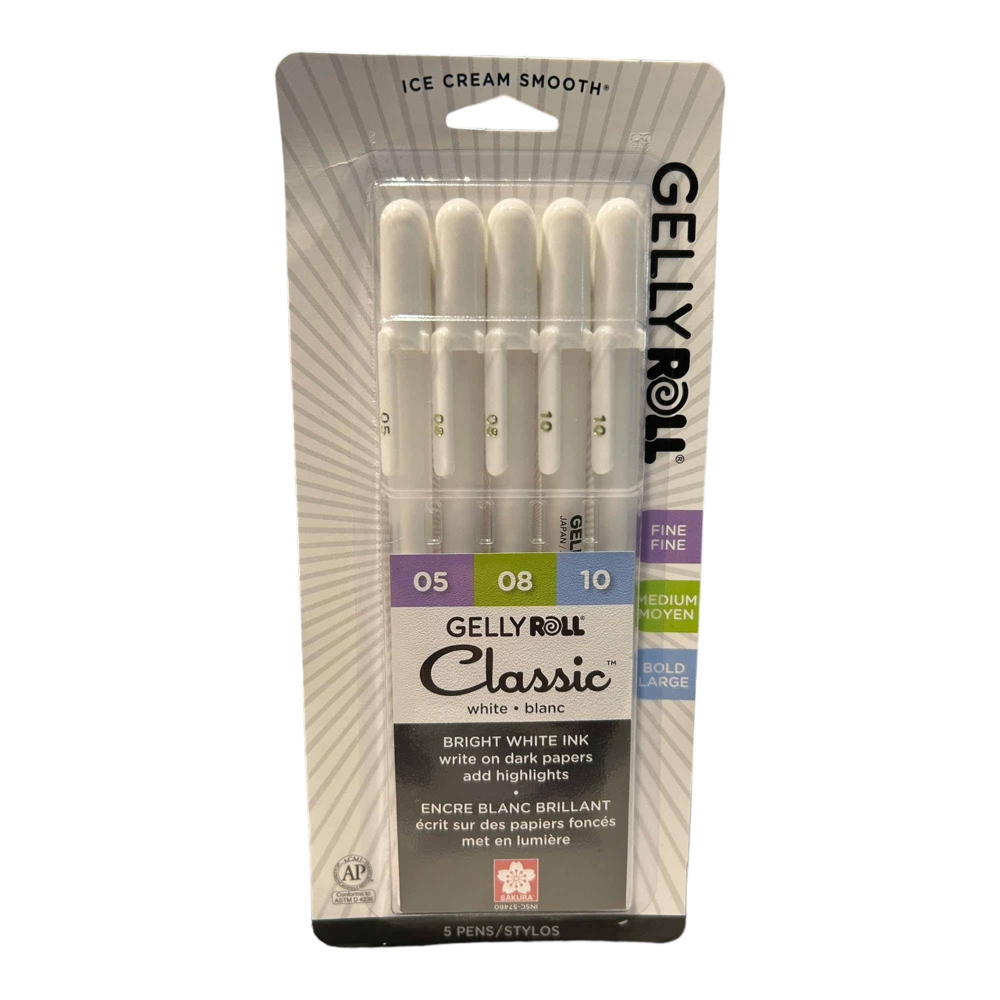 Gelly Roll Gel Pens - Fine, Medium & Bold Tip Ink Pens for Journaling, Art, or Drawing - Bright White Ink - 05/08/10 Assorted Tip Sizes - 5 Pack