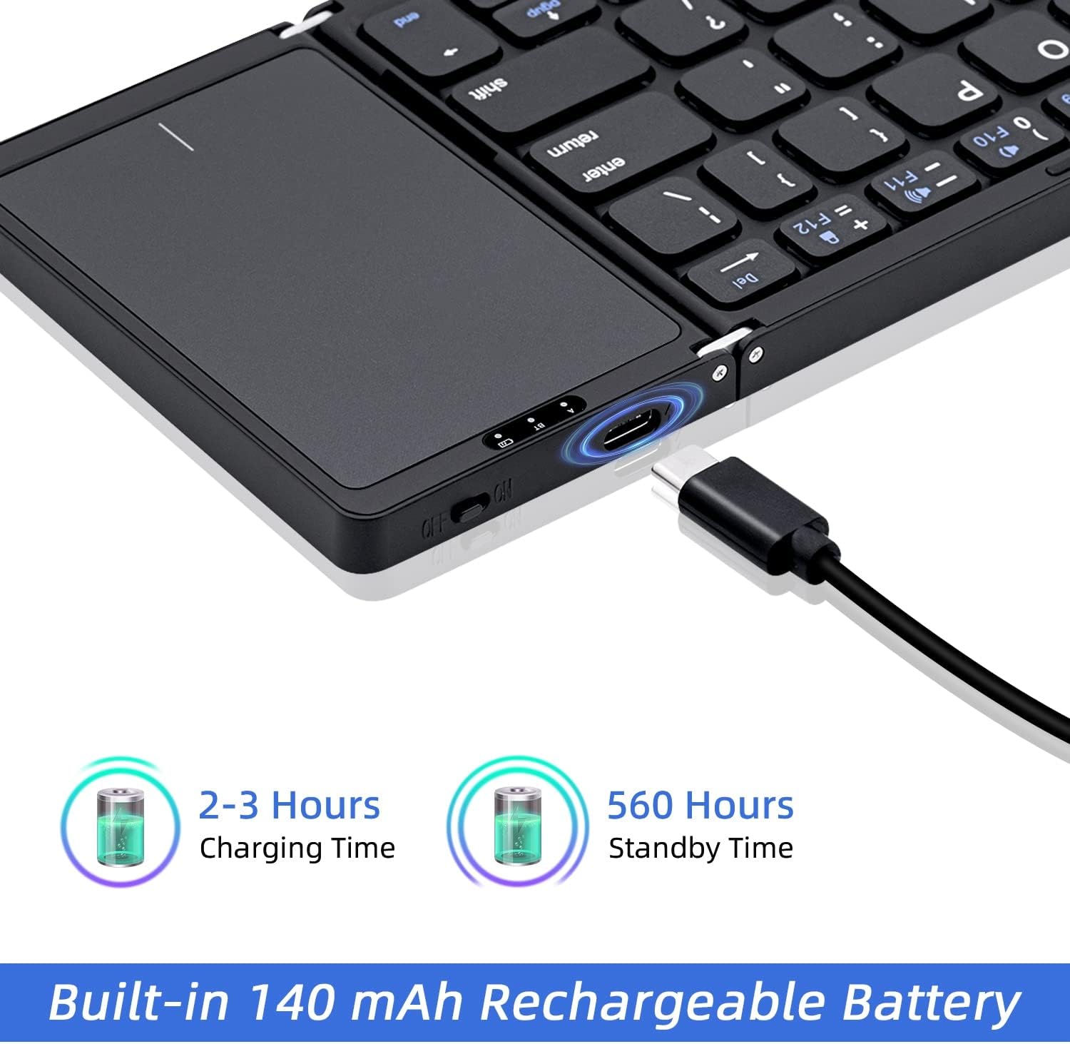 Keyboard connected to a USB-C charging cable, with icons indicating 2-3 hours charging time and 560 hours standby time.