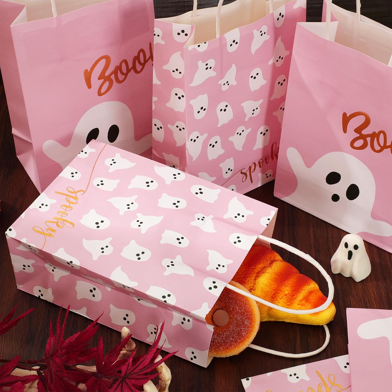 JarThenaAMCS 24Pcs Halloween Paper Gift Bags with Handles Pink Ghost Party Favor Bags Candy Goodie Treat Bags for Halloween Birthday Party Supplies - Image 5