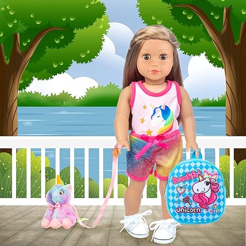 Miniatura 7 de K.T.Fancy - Juego de 7 bolsas de muñecas de 18 pulgadas y accesorios, incluyendo ropa, zapatos, lentes de sol, mochila para muñecas y unicornio de