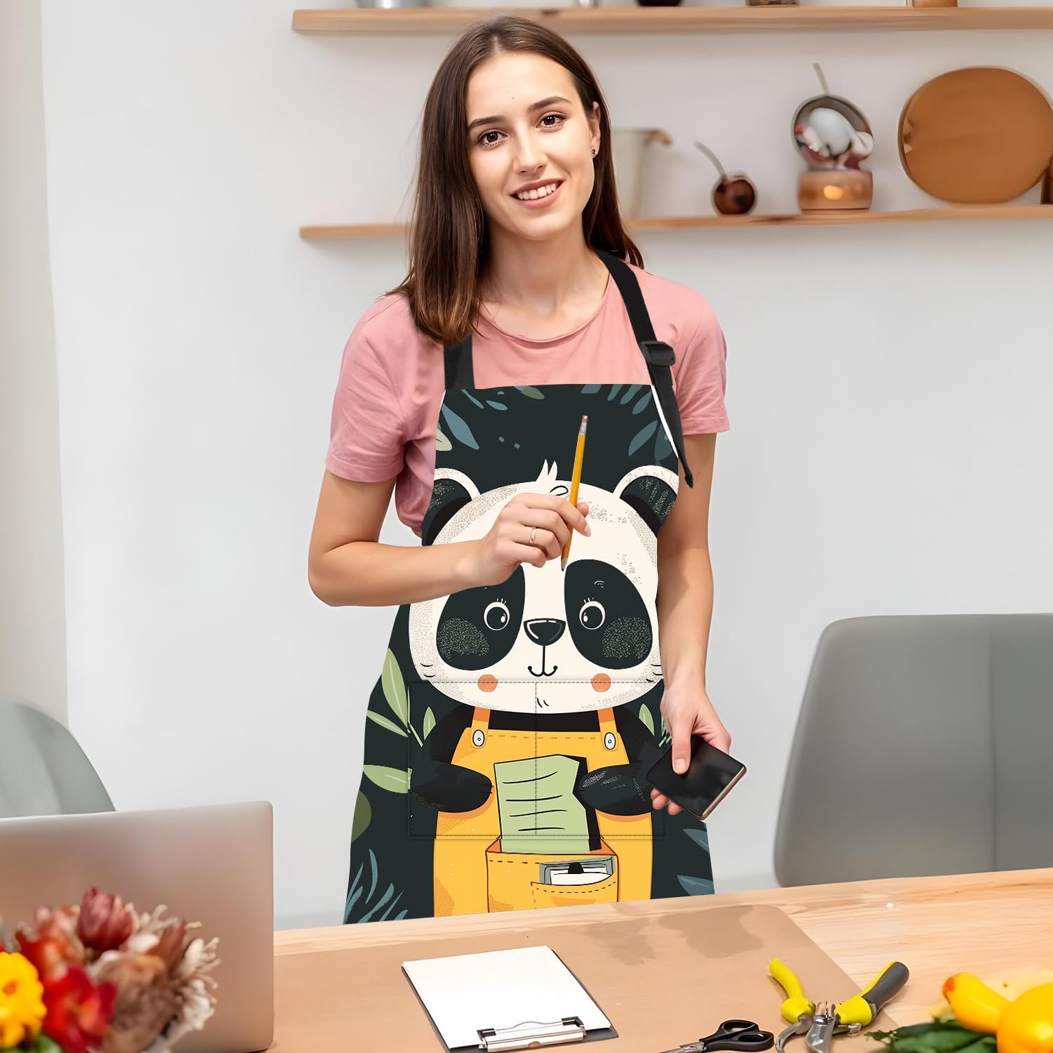 ANNA QUEEN Funny Apron with Pocket for Women Men, Adjustable Kitchen Cooking for BBQ Baking with Cute Animal Flower