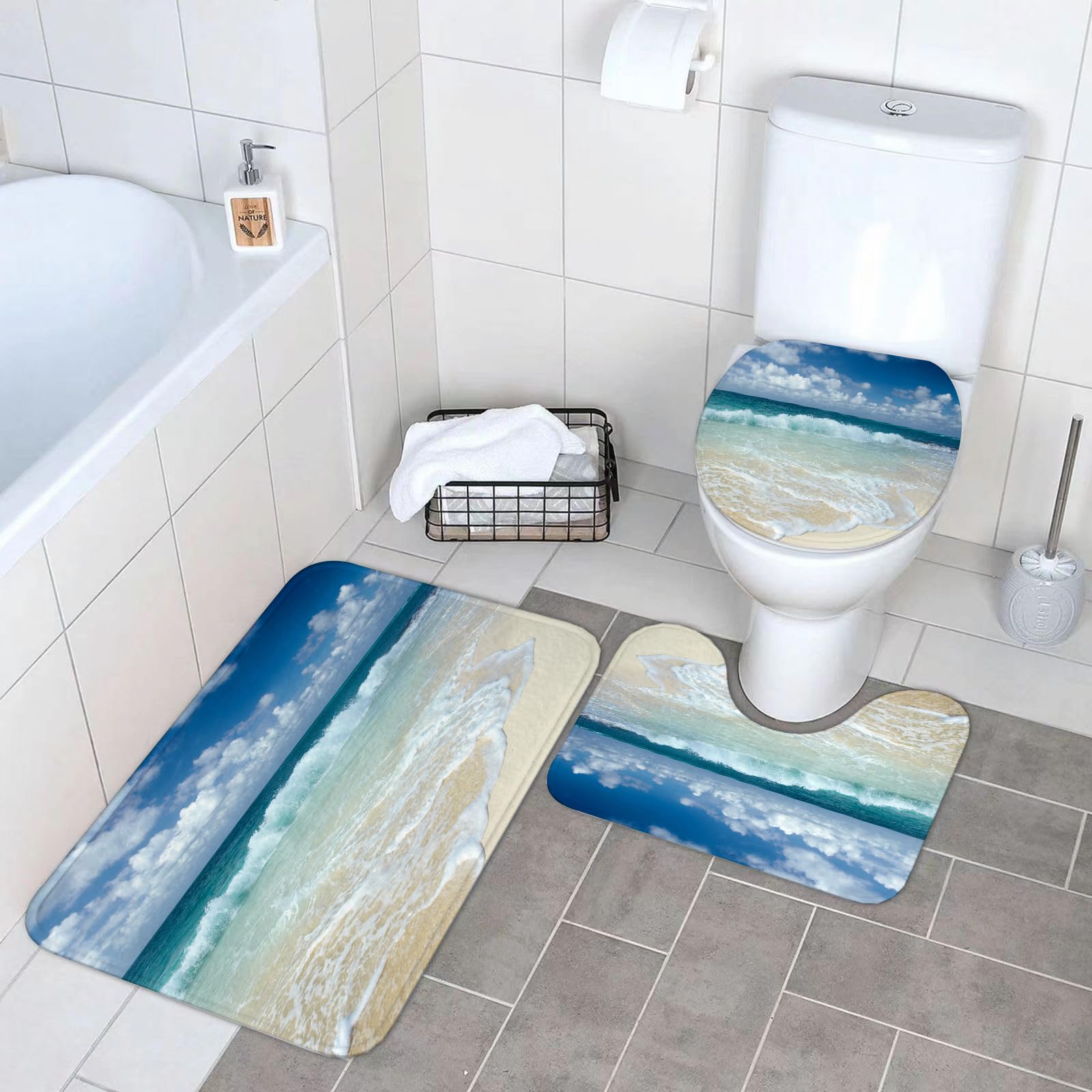 Set di 3 tappetini da Bagno, Lavabili in Lavatrice e Antiscivolo, in Morbida Fibra Superfine, con Motivo a Onde e Spiaggia con Onde spumeggianti su Un Mare Deserto, Tema Vacanze co