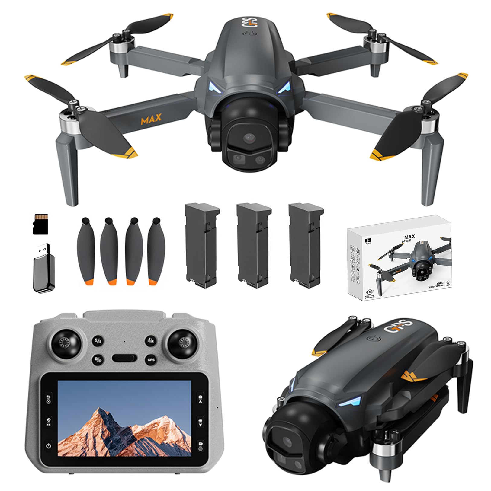 GPS Drohne mit 4,5-Zoll-Bildschirm, GPS Drohne mit 4K EIS Kamera für Erwachsene, Bürstenloser Motor, GPS Auto Rückkehr, 60 Min Flugzeit, 3 Akkus, Auto Folgen, RC Quadrocopter für Anfänger