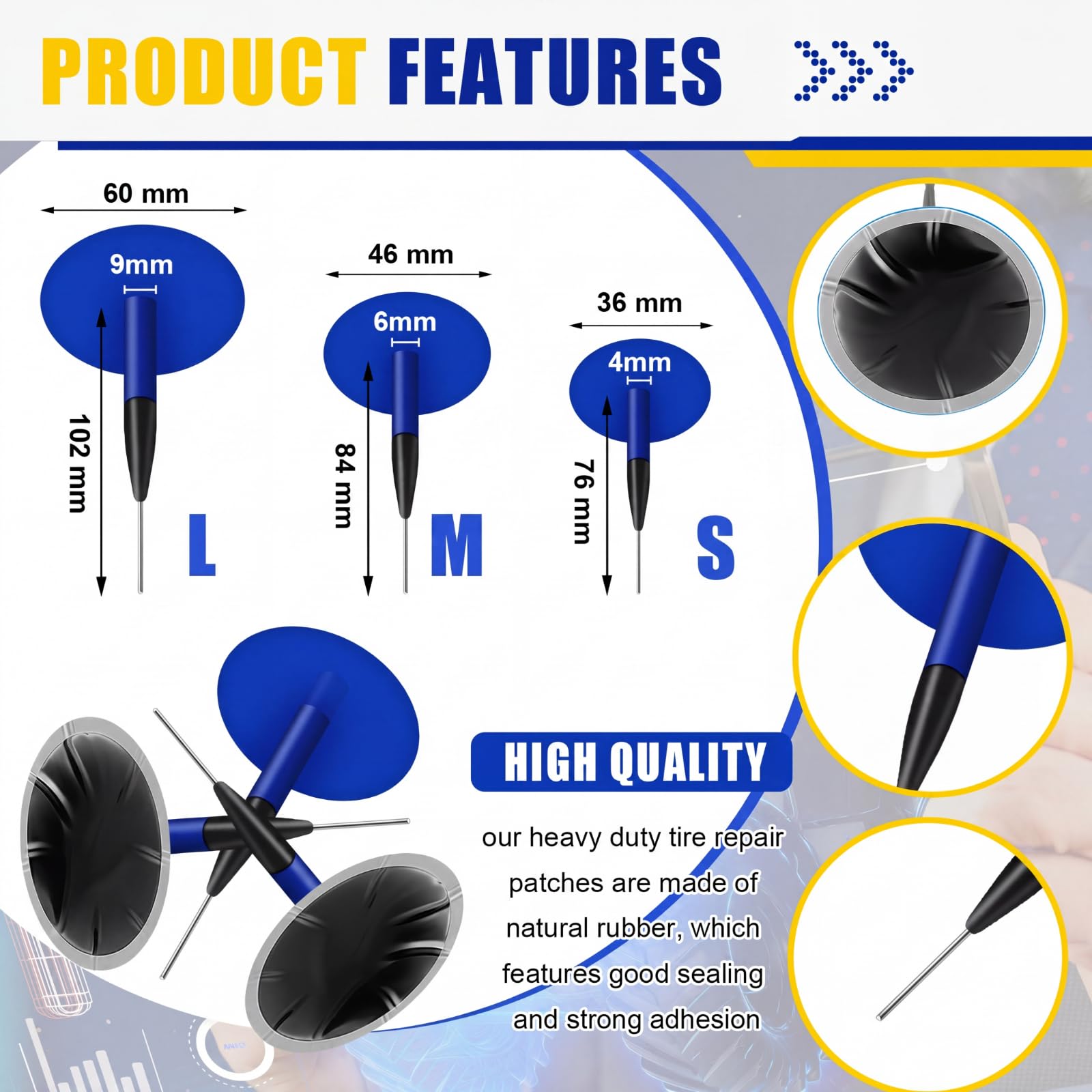 Tallew Kit di 74 toppe per pneumatici in gomma per riparazione pneumatici radiali, kit di riparazione di emergenza per forature auto, camion, autobus, trattori, veicoli e moto, 32 mm, 42 mm, 58 mm, 65