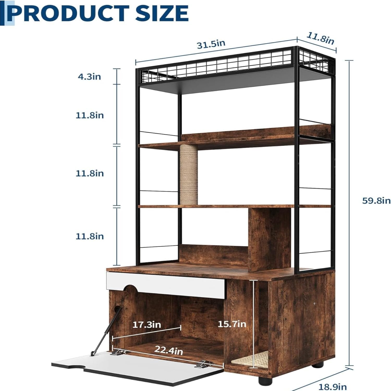 2-in-1 Hidden Cat Litter Box Enclosure Furniture with 4-Tier Shelves & Scratching Post, Large Wooden Cat Litter Cabinet for Most Litter Boxes, Brown