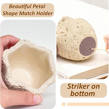 Concrete Match Holder with Striker & Extra Striker Pad,Beautiful Petal Shape Match in Jar for Cute/Fancy/Long Candle Matches,Parlor Cute Match Jar for Home Decor Gift, No Matches (Hexagon)