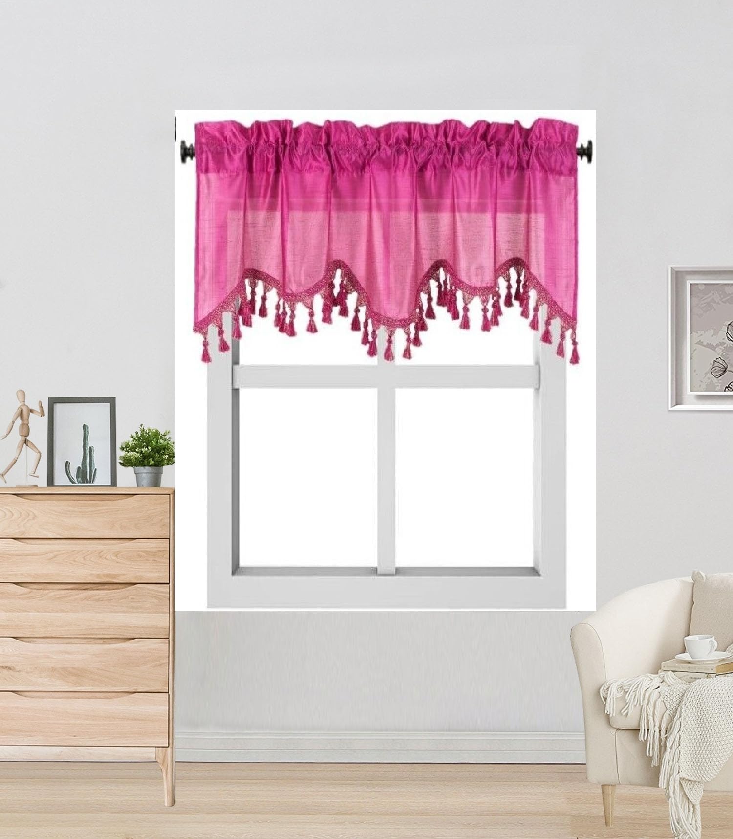 Solid Faux Silk Swag Waterfall Cascade Ascot Window Curtain Valance w/Tassels Trim 55