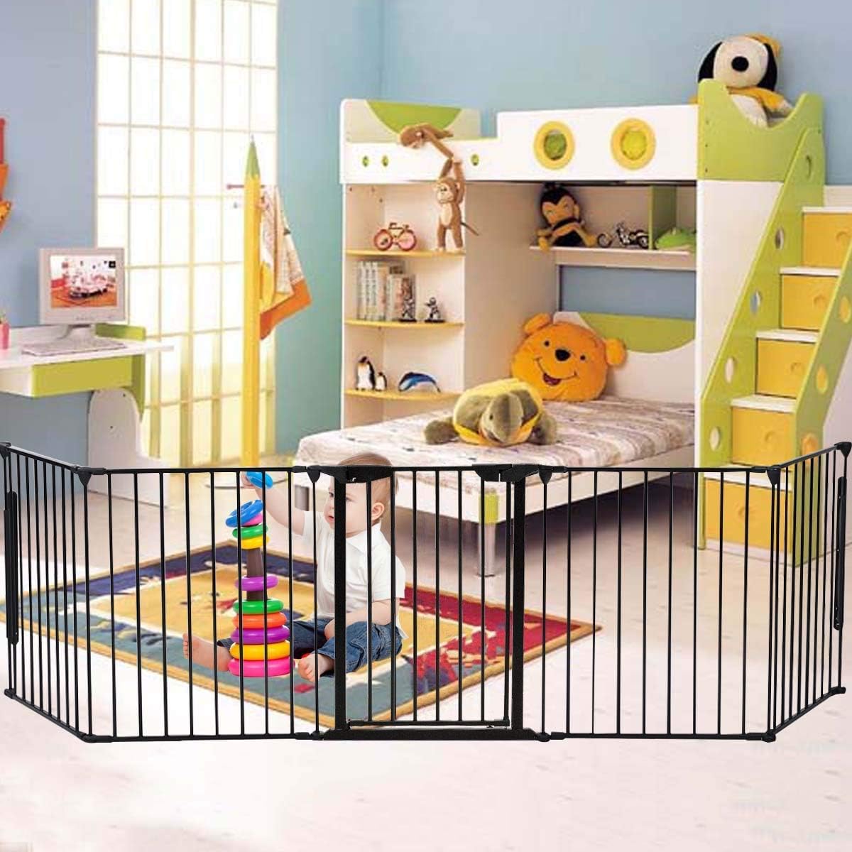 BAYBEE Baby Safety Gate Adjustable Metal Barrier Fence for Baby Kids Pets Dogs Child Infants– Ideal for Openings Stairs Doorways Foldable Metal Pet Exercise and Playpen with Door (310 Cm)