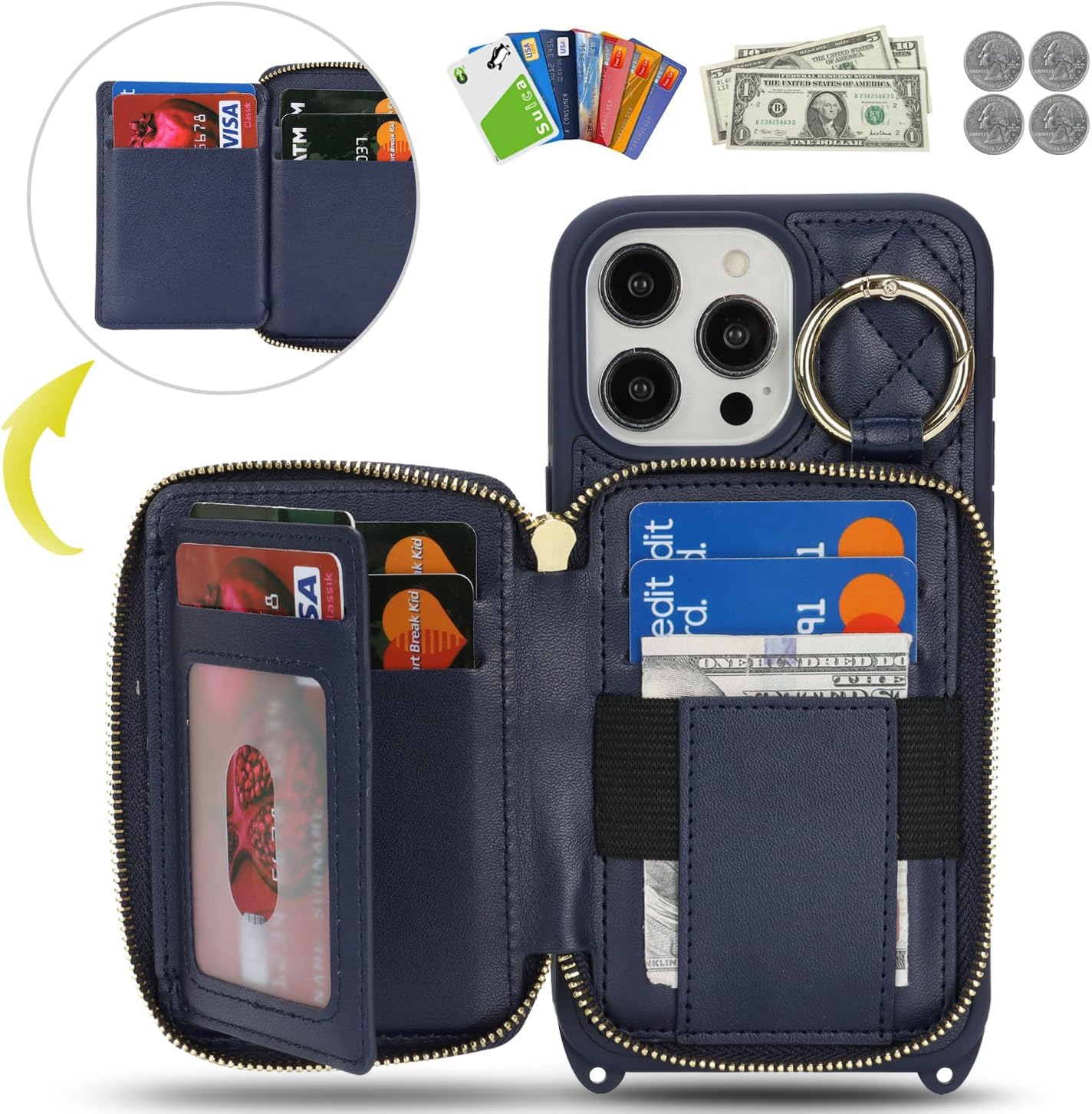 Crossbody Wallet Case for iPhone 15 Pro Max, PU Leather Zipper Handbag Purse Flip Cover, Kickstand Folio Case with Card Slots Holder Wrist Strap Lanyard 5G 6.7 Inch-Blue
