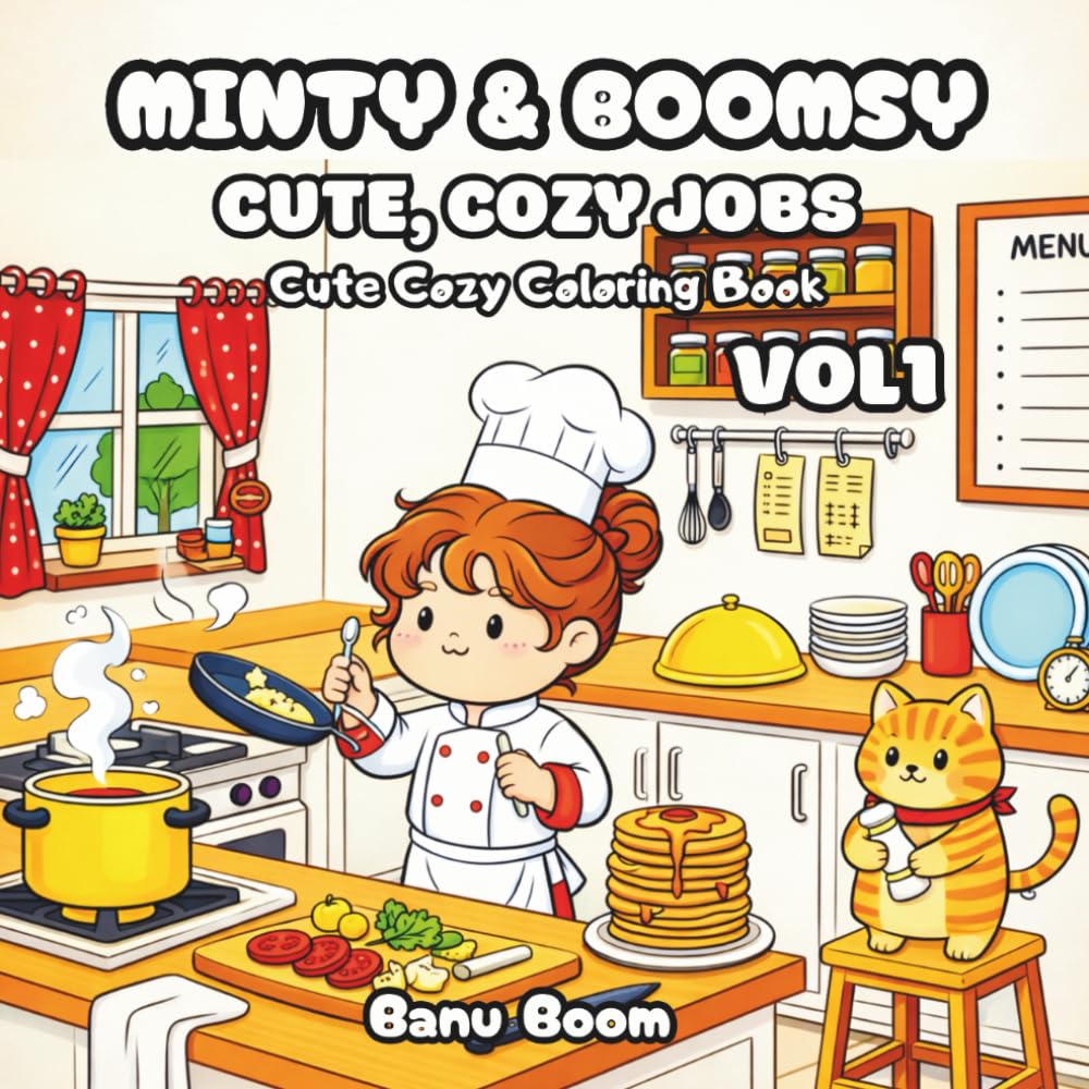Minty & Boomsy: Cozy Jobs Coloring Book Vol. 1: Relaxing cozy job scenes for kids, teens and adults – cute kawaii girl and cat coloring pages