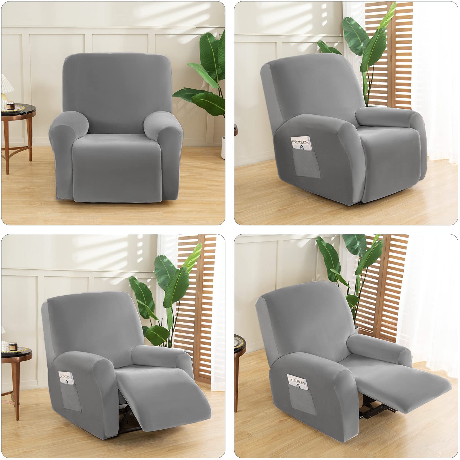 Jianyana Velluto Copripoltrona Relax Reclinabile Universale in 4-Pezzo，Premium Copripoltrona elettrica reclinabile Antiscivolo 1 Posto, Fodera per Poltrona Reclinabile (grigio)