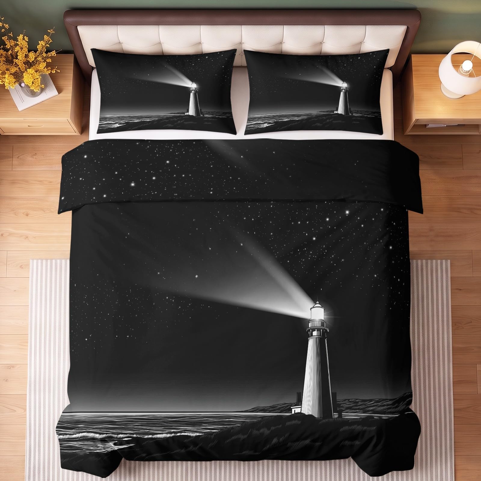Leuchtturm bei Nacht Komplet pościeli z motywem wybrzeża nieba jasnoszara 135 x 200 cm, cicha, tajemnicza, głęboka, komplet pościeli do pokoju chłopca i sypialni, 2-częściowy komplet pościeli z