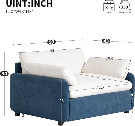 Oversized Sofa Chair with Cream Cushions Deep Seat Accent Chair Modern Chenille Upholstered Armchair Color Blocking Lounge Sofa with Pillows for Living Room Apartment Bedroom, Blue+Cream