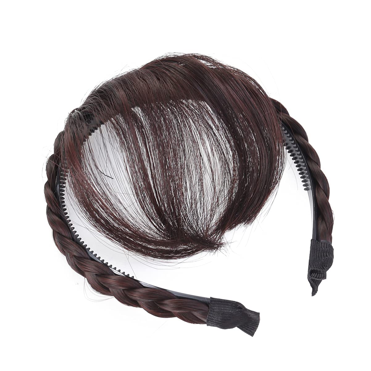 Uonlytech Synthetic Headband Bangs Wig with Adjustable Braided Fringe Hair Extensions for Women Girls Comfortable Front Hair Bangs for Daily Party Cosplay Dark Brown 5.90X5.11X0.70In