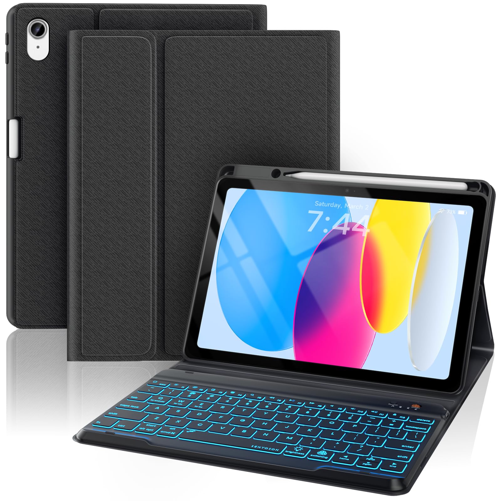 OYEEICE Funda con teclado anticaída para iPad de 10ª generación 2022/A16 de 11ª generación 2025 (10.9/11 pulgadas), teclado ampliado para iPad 11/10 Gen con retroiluminación de 7 colores (negro