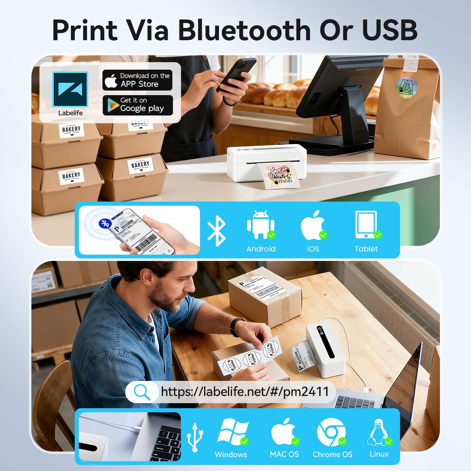 TATTMUSE Etykieta termiczna do łączności Bluetooth i USB, drukarka etykiet ekspedycyjnych 4x6, kompatybilna z Vinted, Amazon, Cdiscount, Leboncoin, UPS, Shopify, biała