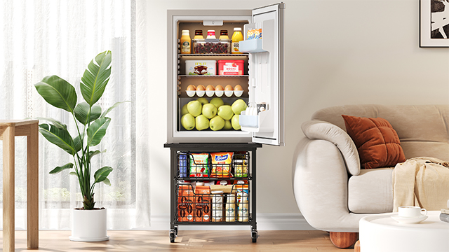 Image of Mini Fridge Stand with Storage, Small Refrigerator Stand with 2 Drawers, Mini Fridge Shelf Cabinet-Max Load 300 LBS Heavy Microwave Stand Mini Fridge Cart for Dorm, Apartment, Kitchen (Black)